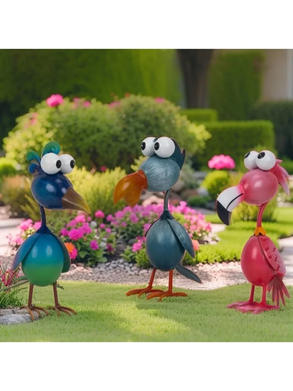 Outdoor Metal Bird Garden Decor - Flamingo, Peacock & Pelican Statues Set of 3